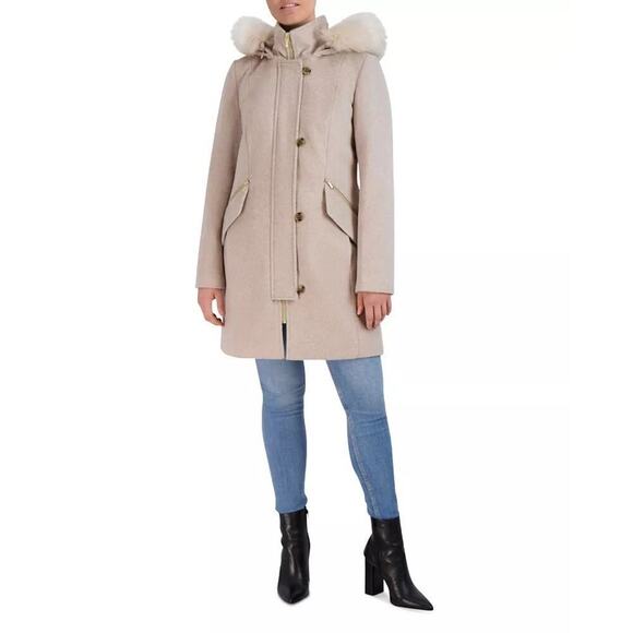 Cole Haan Wool Blend Faux Fur Trimmed Hooded Parka Coat Size 8 NWT - Picture 3 of 12